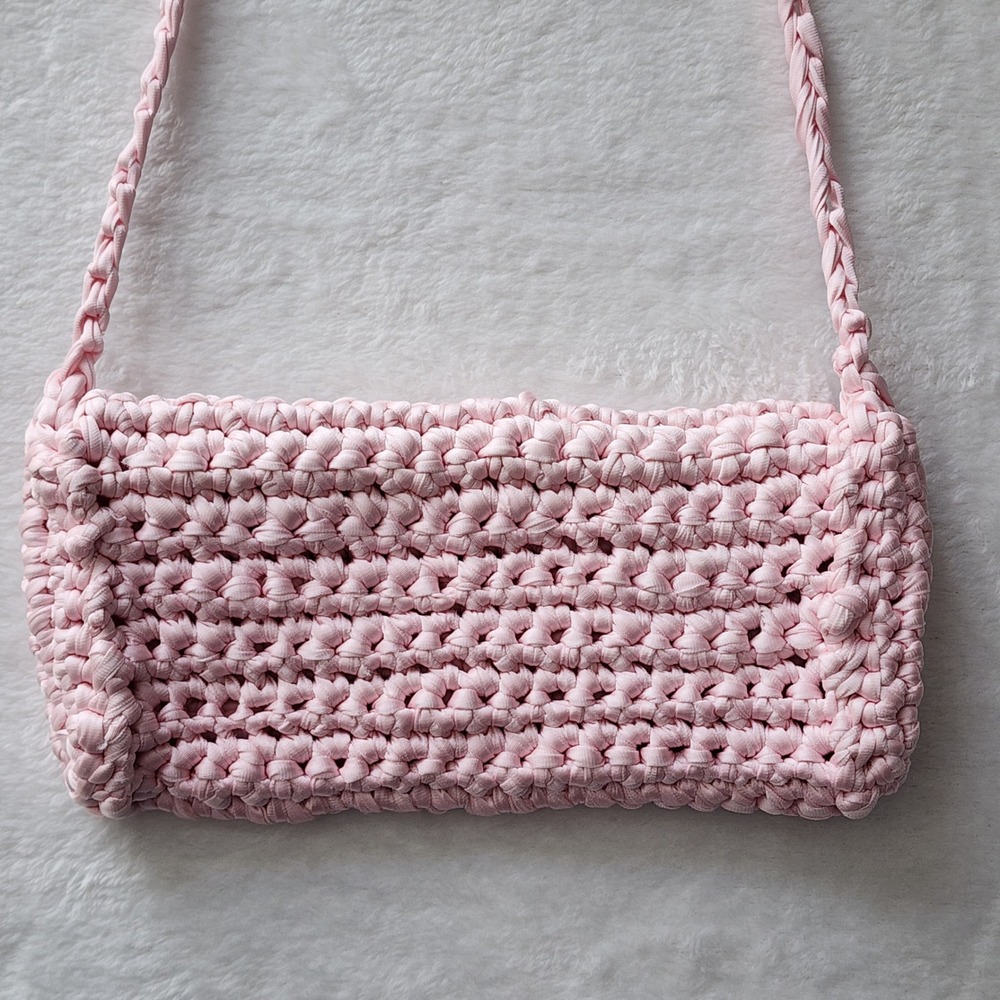 Crochet Shoulder Bag Pink Handcrafted Knit Envelope Crossbody Boho Coquette 80s - Picture 5 of 14